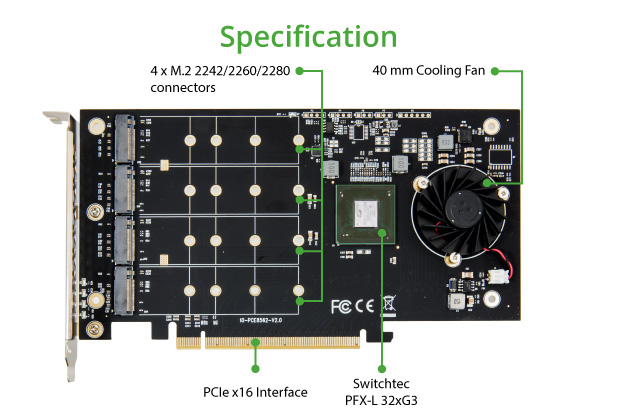 PCI Express x 8 to Quad M.2 NVMe SSD Switch Adapter 2280