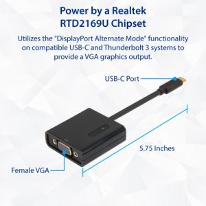 USB Type-C to VGA Adapter. Support Resolution up to 1080p. Bus-Powered. Fully Plug-n-Play. Thunderbolt 3 - SD-ADA20227