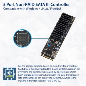 5 port Non-RAID SATA III 6Gbp/s to M.2 B+M Key Adapter PCI-e 3.0 x2 bandwith - SI-ADA40141