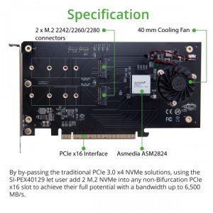 Dual M.2 NVMe Ports to PCIe 3.0 x16 Bifurcation Riser Controller - Support Non-BiFurcation Motherboard - SI-PEX40129