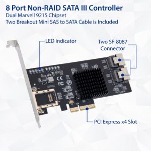 8 Port SATA III PCI-e x4 Controller Card - Dual SFF-8087 Interface Marvell 9215 Chipset - SI-PEX40137