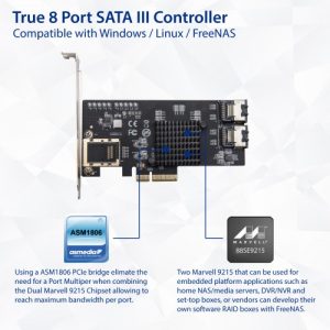 8 Port SATA III PCI-e x4 Controller Card - Dual SFF-8087 Interface Marvell 9215 Chipset - SI-PEX40137