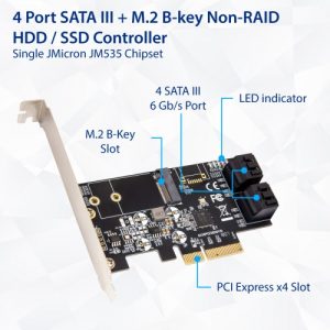 4 port Non-RAID SATA III 6Gbp/s and M.2 B Key 2242 PCI-e x4 Controller Card - SI-PEX40138