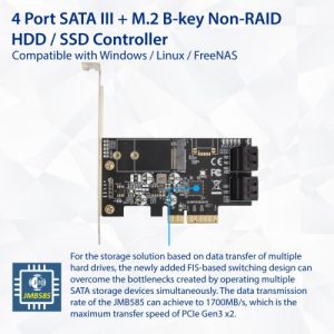 4 port Non-RAID SATA III 6Gbp/s and M.2 B Key 2242 PCI-e x4 Controller Card - SI-PEX40138