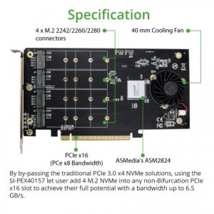 QUAD M.2 NVMe Ports to PCIe 3.0 x16 Interface ( x8 Bandwidth) Bifurcation Riser Controller - SI-PEX40157