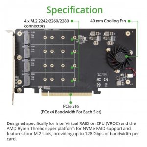 Quad M.2 PCIe 3.0 x4 PCIe x16 Expansion Card Intel VROC and AMD Ryzen Threadripper NVMe Raid