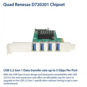 USB 3.2 Gen 1 (5 Gbps) 4 Port Type-A PCI-e 3.0 x4