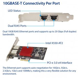 Dual Port 10 Gigabit Ethernet Network Adapter, Intel X550-AT2 Chipset - SY-PEX24069